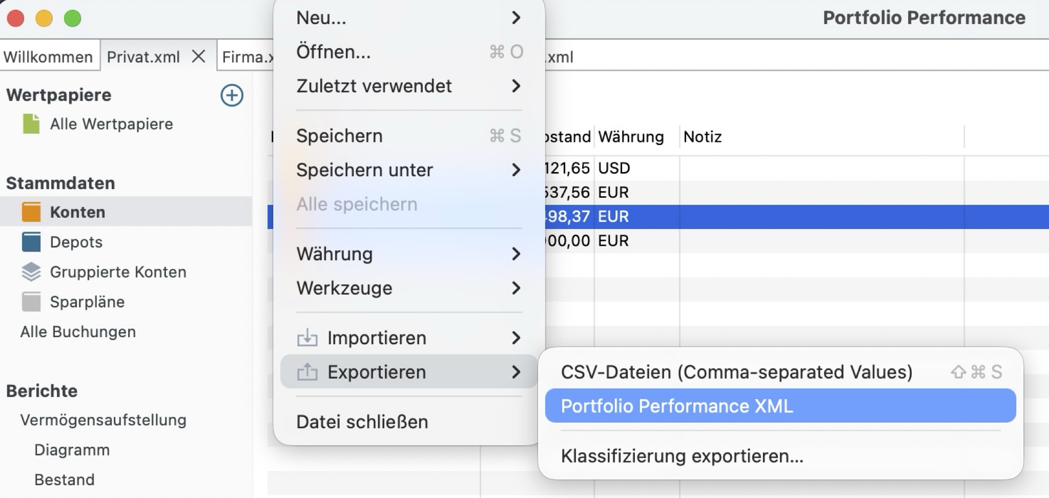 Portfolio Performance Export